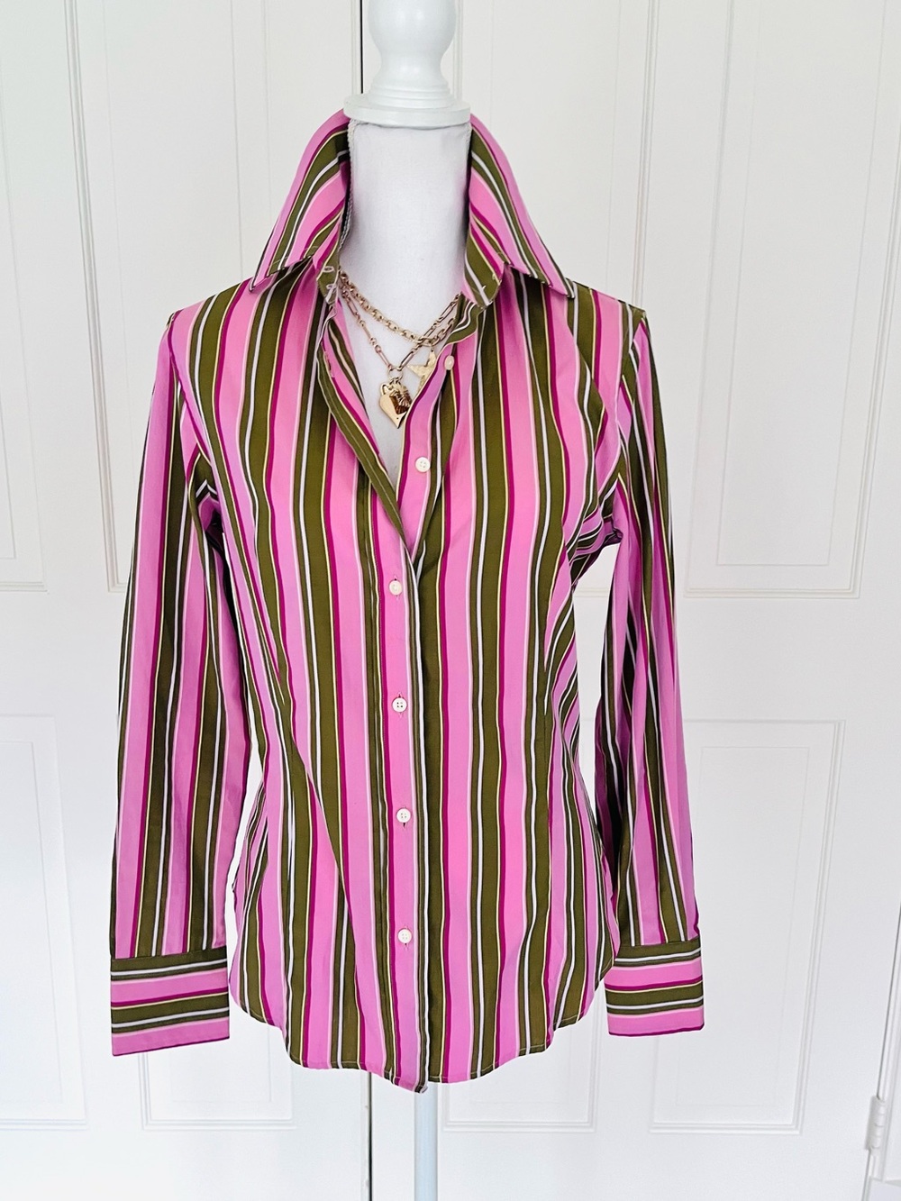 Etro pink 0live green striped button down shirt 44